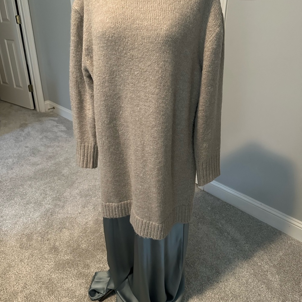 Anthropologie Cream Sweater with Blue Satin Maxi Skirt - Picture 3 of 6